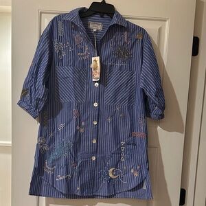 Johnny Was Blue and White Striped Shirt